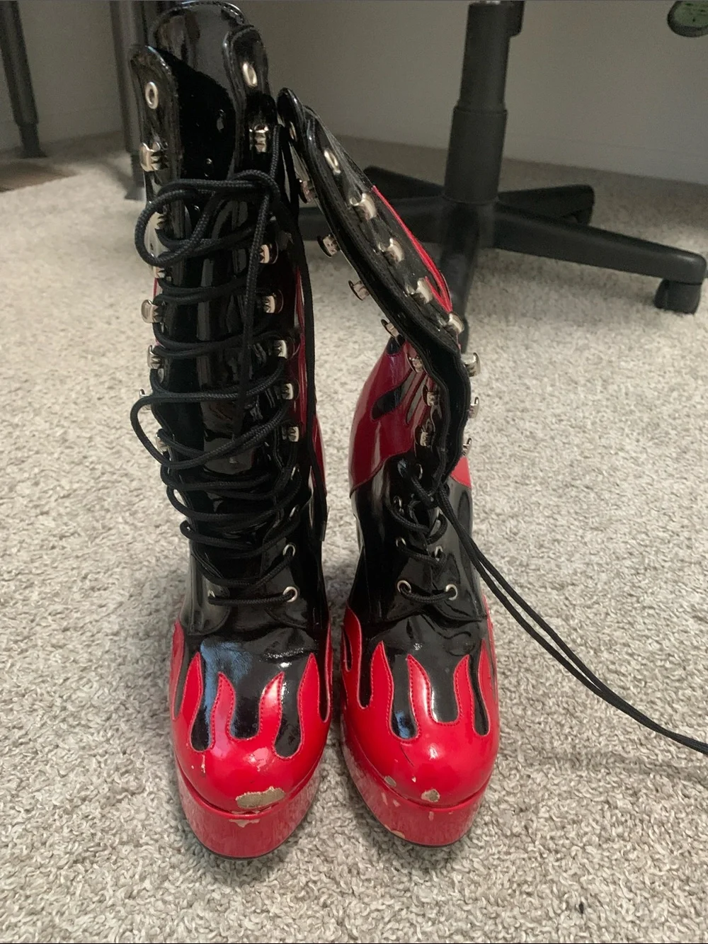 Teaser Black and Red Flames Platform Lace-Up Boots